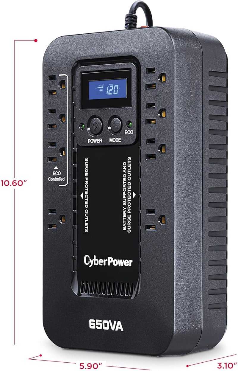 CyberPower نظام UPS لحماية البطارية الاحتياطية والجهد الكهربائي EC650LCD Ecologic، 650VA/390W، 8 مآخذ، وضع ECO، مزود طاقة غير منقطع مدمج - Image 4
